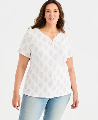 Style & Co Plus Printed Short-Sleeve Henley Top, Macy's Exclusive