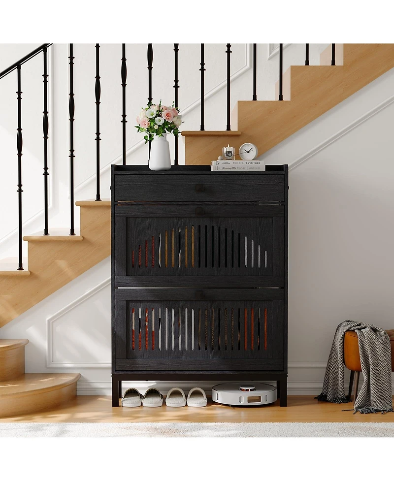 Homfan Shoe Storage Cabinet with 2 Flip Drawer, Shoes Organizer Top Drawer，Hollow Out Panel And Square Handles