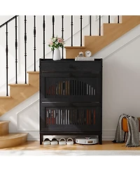 Homfan Shoe Storage Cabinet with 2 Flip Drawer, Shoes Organizer Top Drawer，Hollow Out Panel And Square Handles