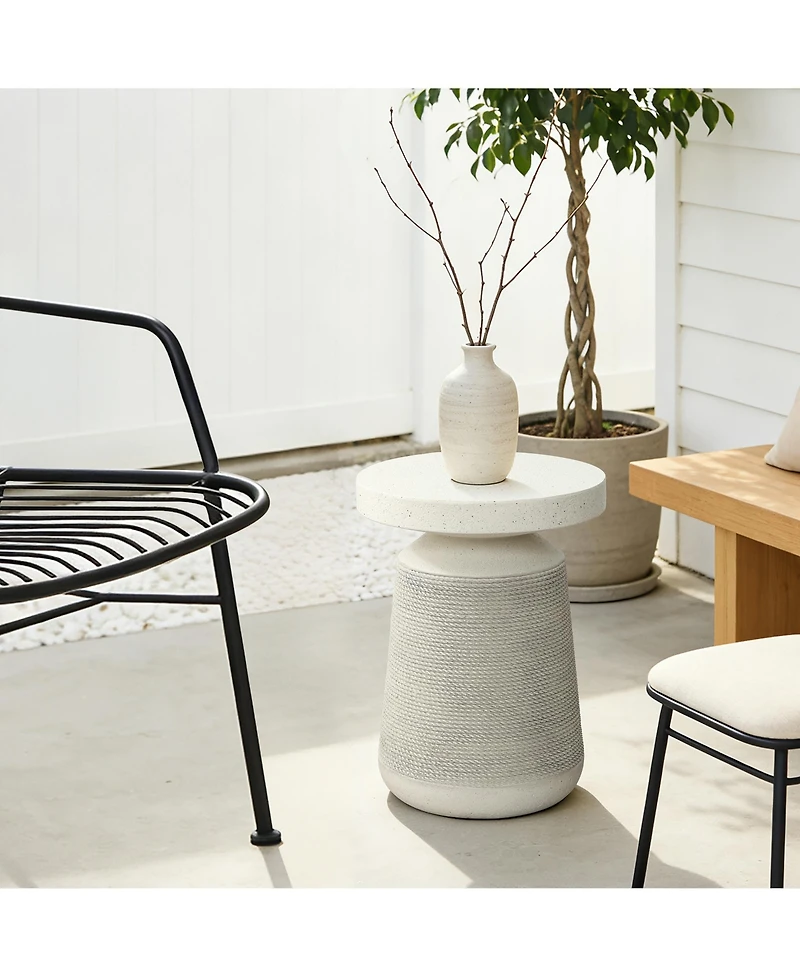 LuxenHome Textured Faux Stone Patio Table, Japandi Style with Sculpted Rope-Look Base
