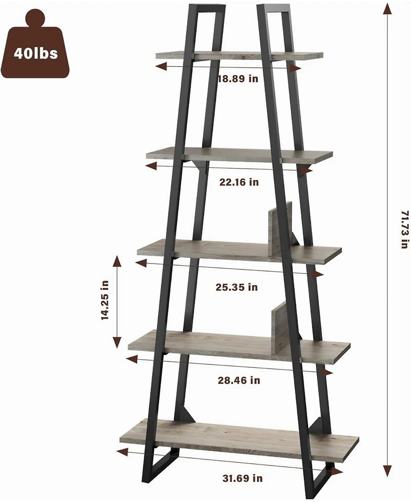 gaomon 72" A-Shape Ladder Bookcase, 5-Tier Metal Frame Shelf with Adjustable Wood Shelves