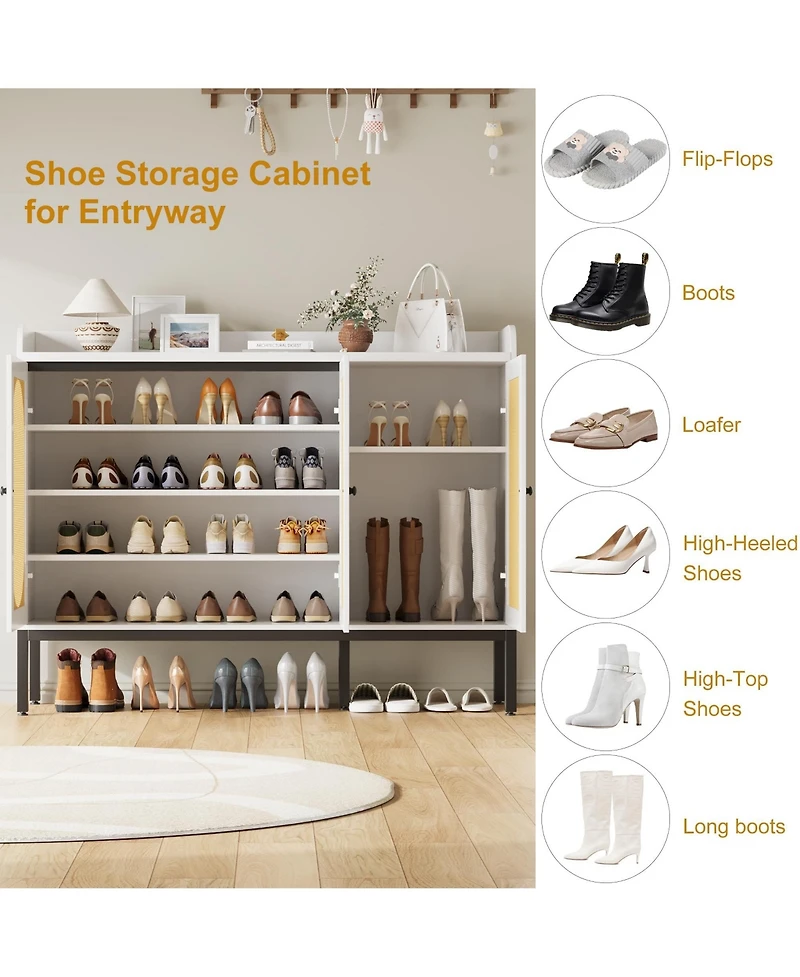 Homfan Rattan Large Shoe Cabinet with 3 Doors, 30 Pairs Boho Farmhouse Shoe Storage Cabinet with Adjustable Shelves for Entryway, Hallway, Living Room