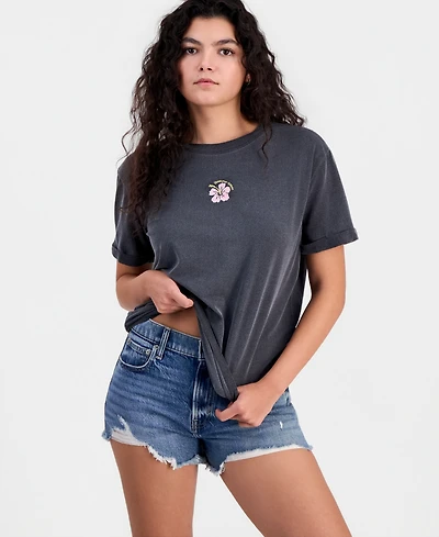 Pretty Rebellious Juniors' Hibiscus-Embroidered T-Shirt