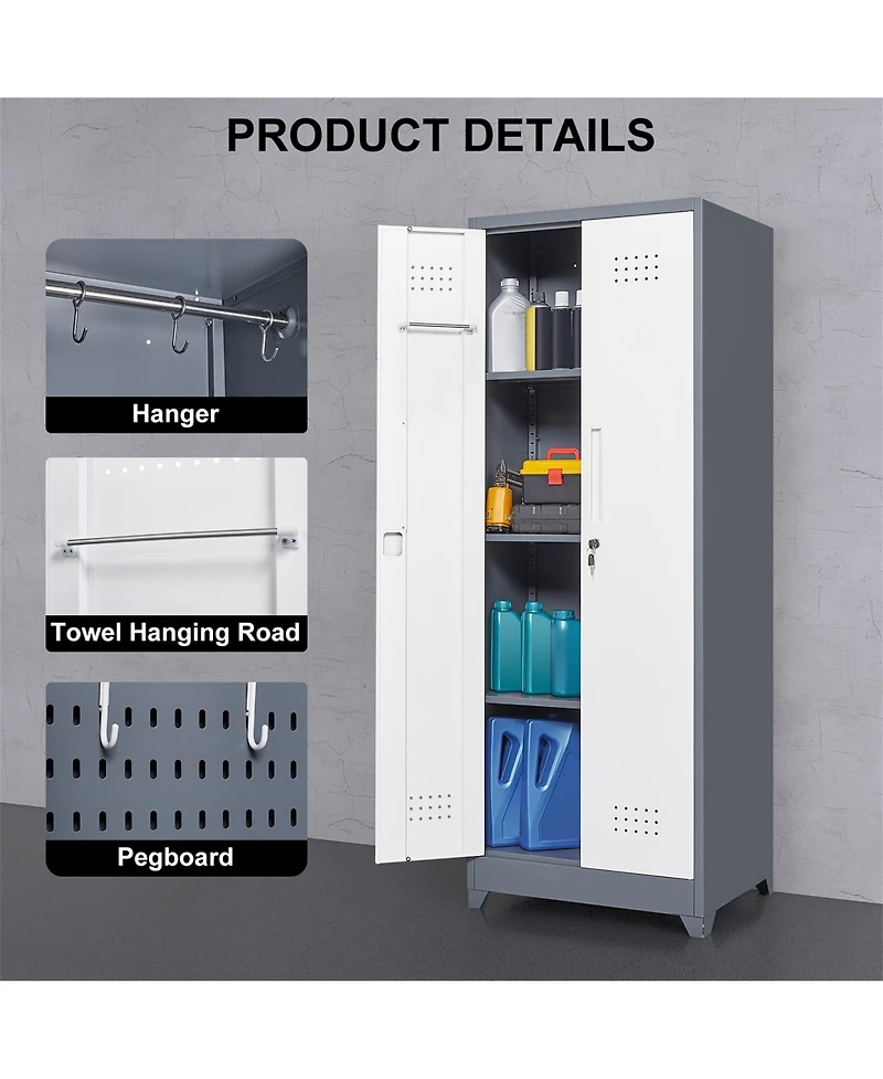 Clihome 65" H Metal Broom Cleaning Tool Storage Cabinet With Locking Doors and Shelves
