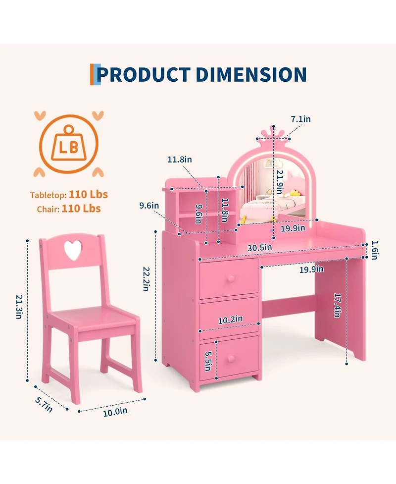 gaomon Kids 2-in-1 Wooden Princess Vanity Set with Stool