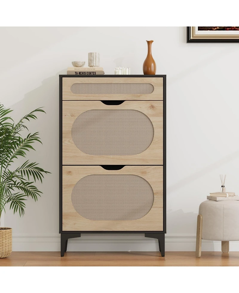 Homfan Rattan Shoe Cabinet with 2 Flip Drawers and 1 Pull-Out Drawer, Free Stand Shoe Storage Cabinet, 3 Adjustable Shelf, Narrow Shoe Cabinet
