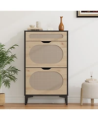 Homfan Rattan Shoe Cabinet with 2 Flip Drawers and 1 Pull-Out Drawer, Free Stand Shoe Storage Cabinet, 3 Adjustable Shelf, Narrow Shoe Cabinet
