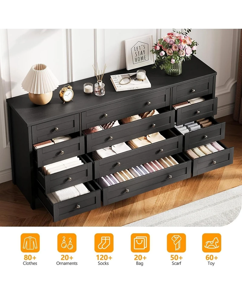 gaomon 12 Drawers Wood Dressers for Bedroom, 63" Long Wooden Dresser Living Room, Hallway, 16" Wide Tv Stand 65 Inch Tv, Sol