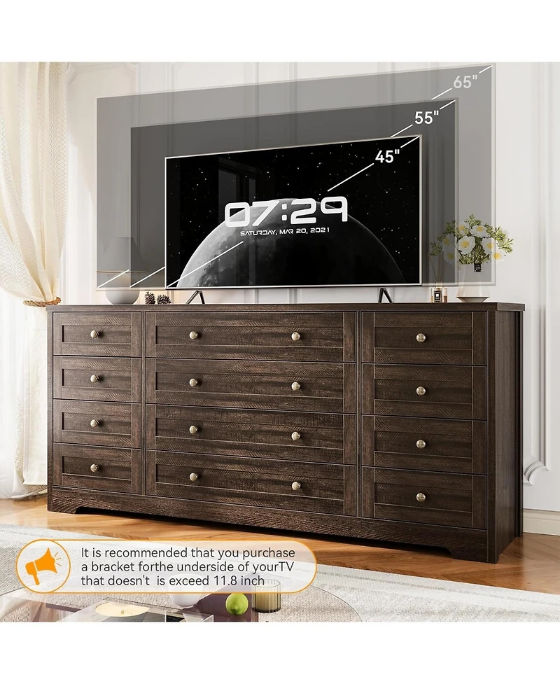 gaomon 12 Drawers Wood Dressers for Bedroom, 63" Long Wooden Dresser Living Room, Hallway, 16" Wide Tv Stand 65 Inch Tv, Sol