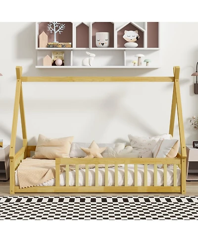 Streamdale Furniture Tent-shaped Floor Bed,Teepee Bed with Guardrails, Slats