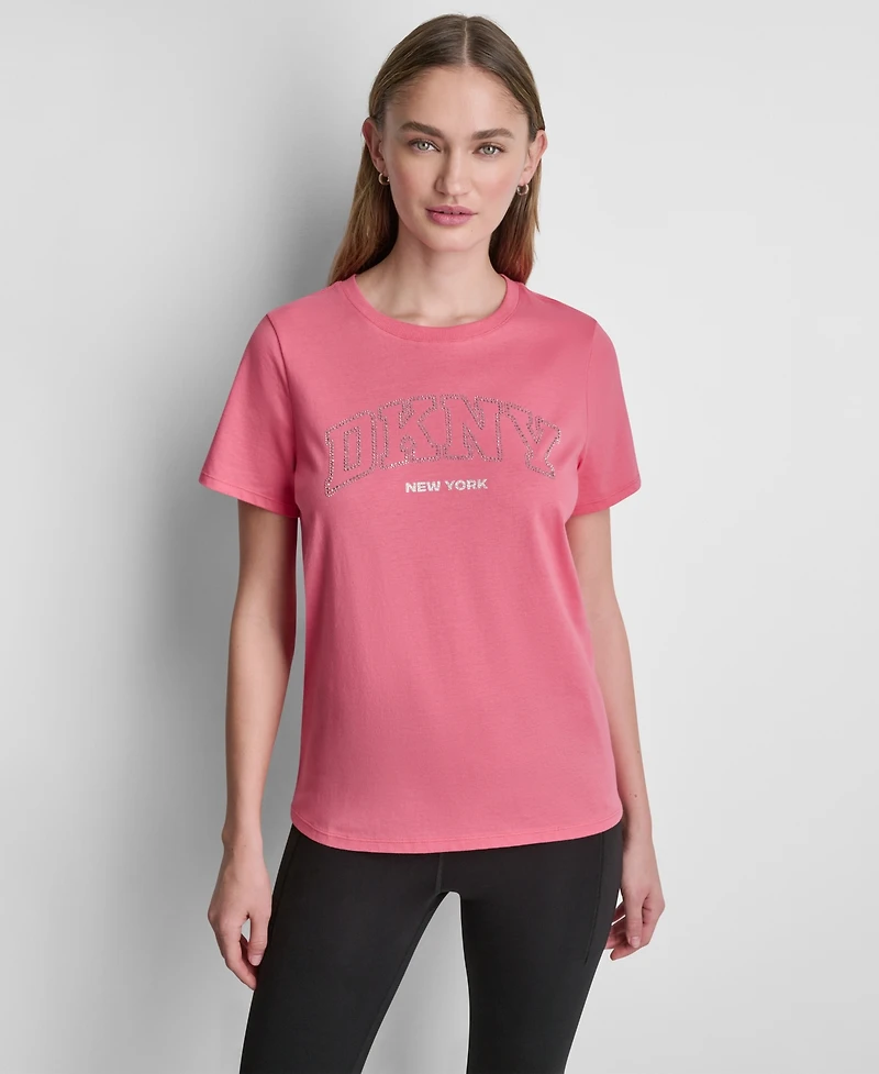 Dkny Sport Women's Rhinestone Varsity Logo Relaxed Fit Pull-On T-Shirt