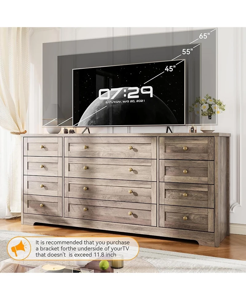 gaomon 12 Drawers Wood Dressers for Bedroom, 63" Long Wooden Dresser for Living Room, Hallway, 16" Wide Tv Stand Dresser for 65 Inch Tv, Sol