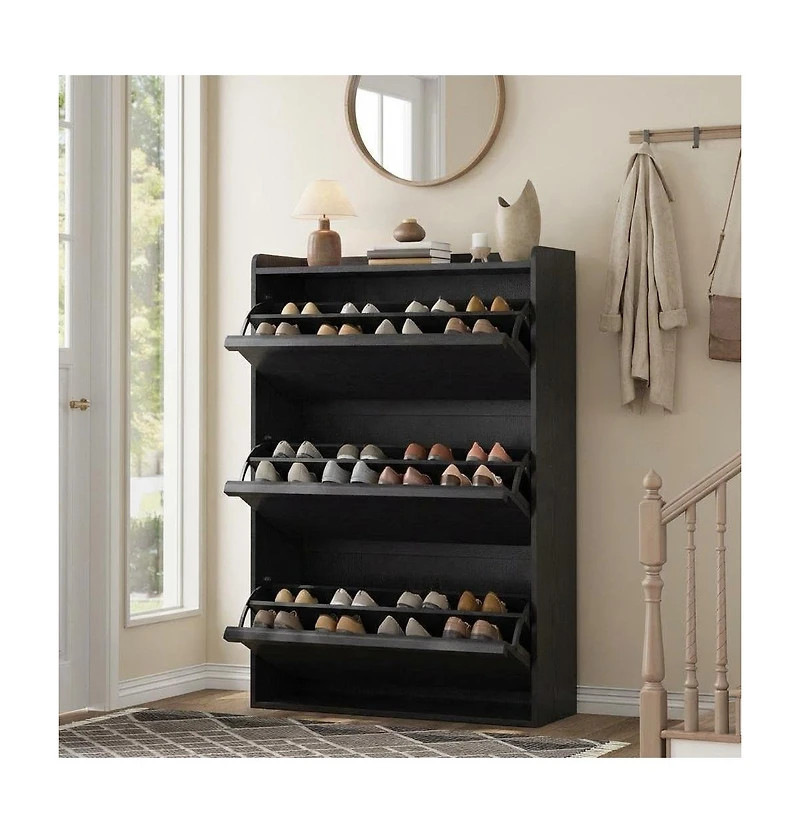 Homfan Shoe Cabinet with Flip Drawers, Hidden Shoe Storage Organizer for Entryway, Wooden Shoe Rack with Adjustable Shelf