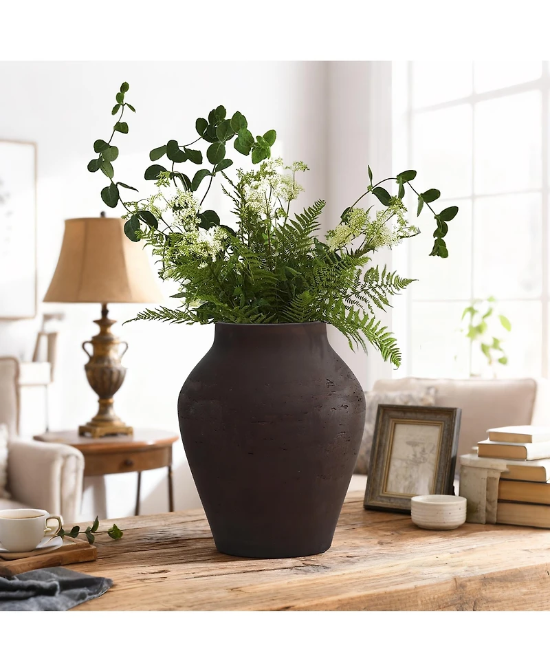 LuxenHome Rustic Earth Cement Vase, Antique Brown Finish, 13.4" H Decorative Accent for Tabletops and Open Shelving