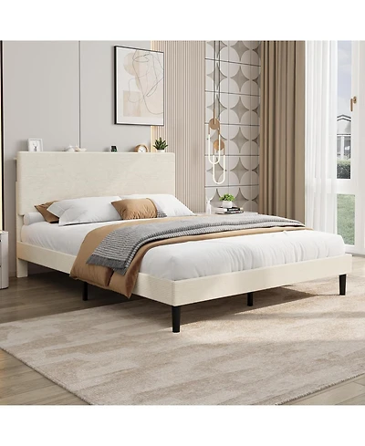 gaomon Bed Frame with Charging Station, Corduroy Upholstered Platform Bed with Headboard Shelf, Wooden Slats, Noise Free