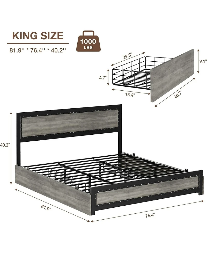 gaomon Metal Platform Bed Frame with Headboard, 4 Storage Drawers & Charging Station, Strong Slat Support