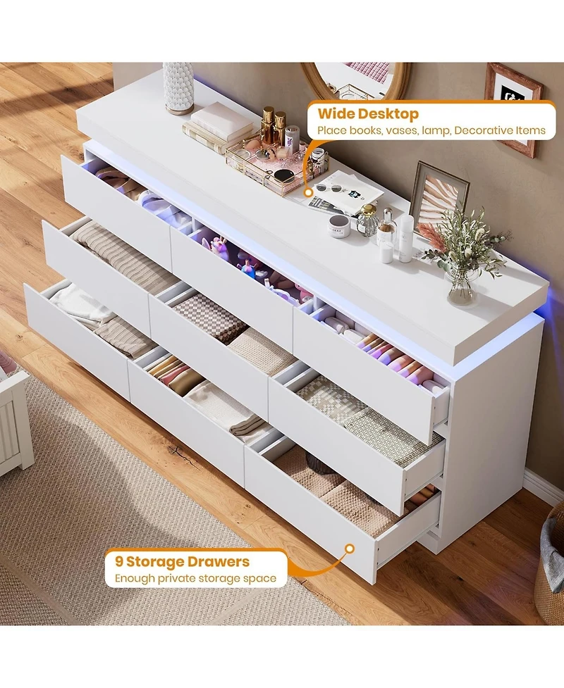 gaomon 9-Drawer Dresser, 63" Wide Chest with Led Lights & Charging Station, Large Storage Organizer Tv Stand for Living Room, Hallway