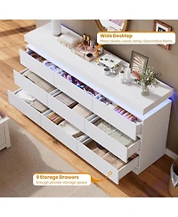 gaomon 9-Drawer Dresser, 63" Wide Chest with Led Lights & Charging Station, Large Storage Organizer Tv Stand for Living Room, Hallway