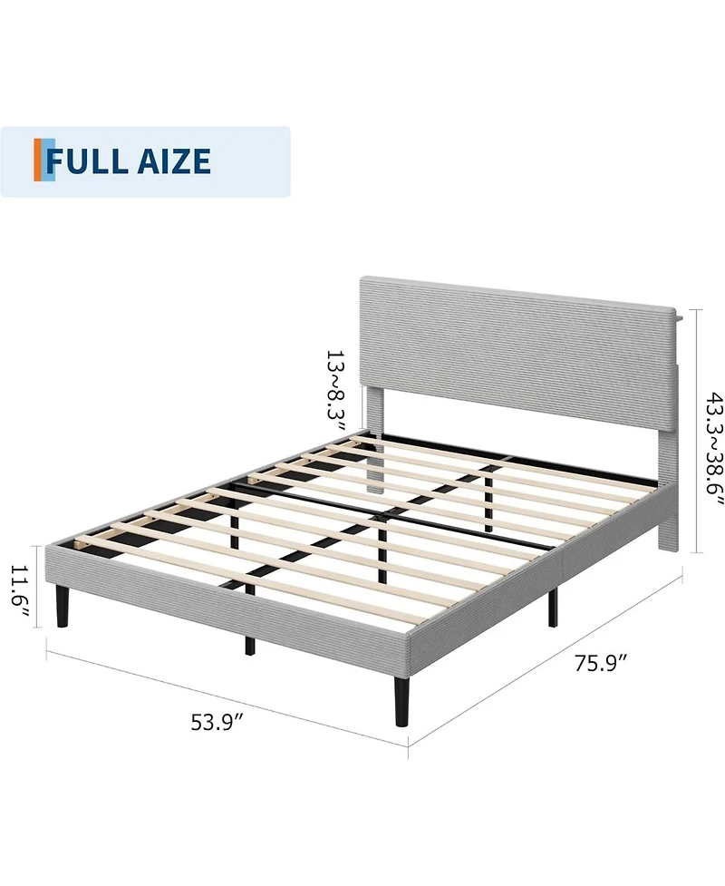 gaomon Frame with Charging Station, Corduroy Upholstered Platform Bed with Headboard Shelf, Wooden Slats, Noise Free, Easy Assembly