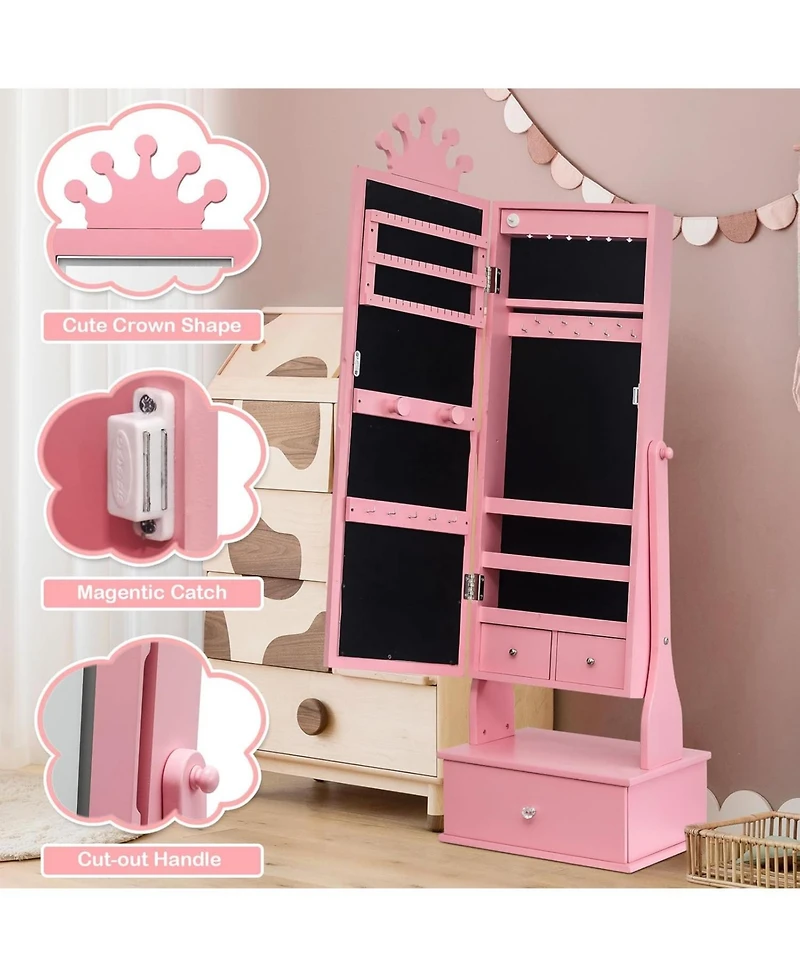 gaomon Kids Jewelry Armoire,Child Jewelry Cabinet with Led Light,Freestanding Jewelry Organizer with Full Length Mirror&Storage Drawers