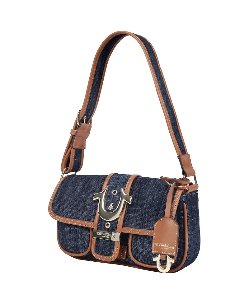 True Religion Double Pocket Denim Satchel with Horseshoe Hardware