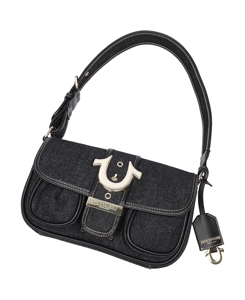 True Religion Double Pocket Denim Satchel with Horseshoe Hardware