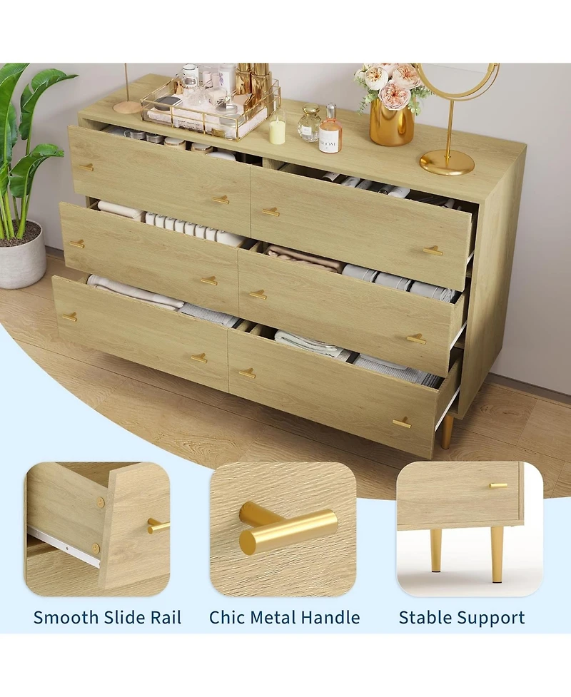 gaomon Farmhouse 6-Drawer Dresser, 47.2" Wide Rustic Wooden Chest with Bar Handles, Large Storage Organizer for Bedroom, Living Room, Entryway