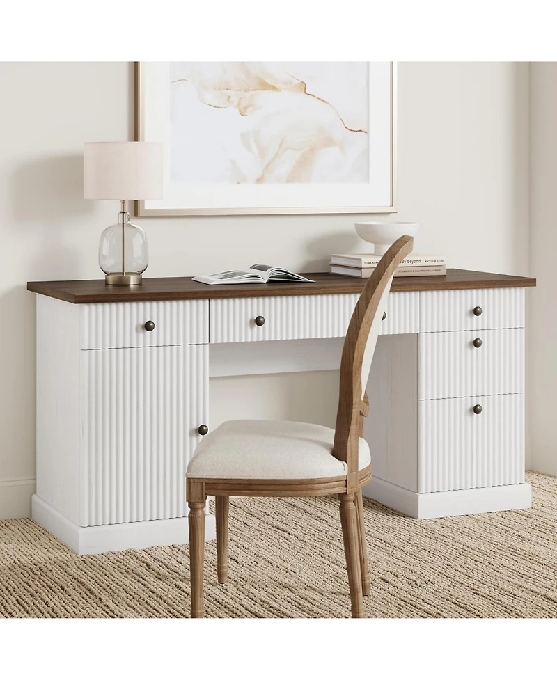 gaomon Fluted Home Office Desk Storage, in Modern Executive Desk with Charging Station, Wooden Computer Writing Desk with File Cabinet And Drawers