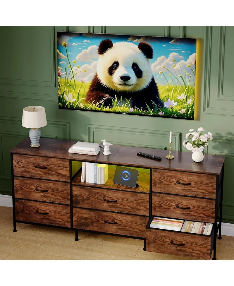 gaomon Tv Stand Dresser for 45-65 Inch Tv, Entertainment Center with Led Lights, 8 Fabric Drawers, Metal Frame Storage Cabinet