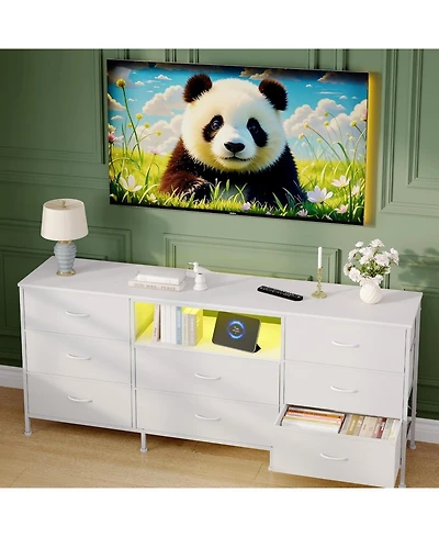 gaomon Tv Stand Dresser for 45-65 Inch Tv, Entertainment Center with Led Lights, 8 Fabric Drawers, Metal Frame Storage Cabinet