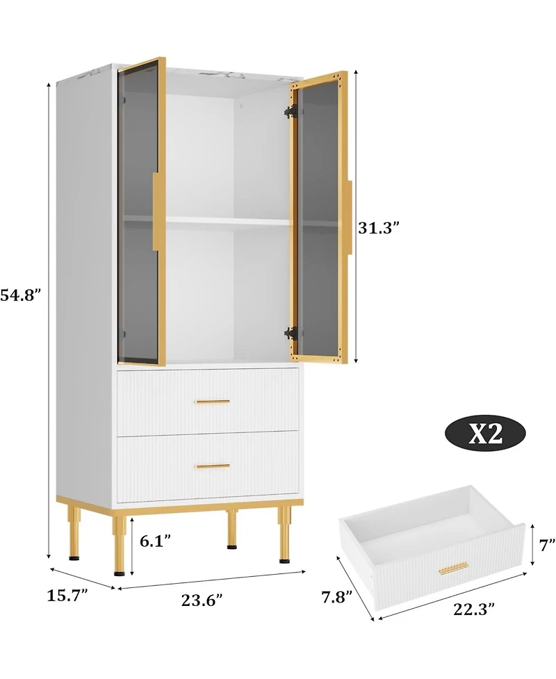 gaomon Fluted Pantry Cabinet with Glass Door and 2 Drawers, Kitchen Storage Adjustable Shelves, Modern Display Sideboard