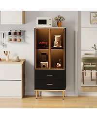 gaomon Fluted Pantry Cabinet with Glass Door and 2 Drawers, Kitchen Storage Adjustable Shelves, Modern Display Sideboard