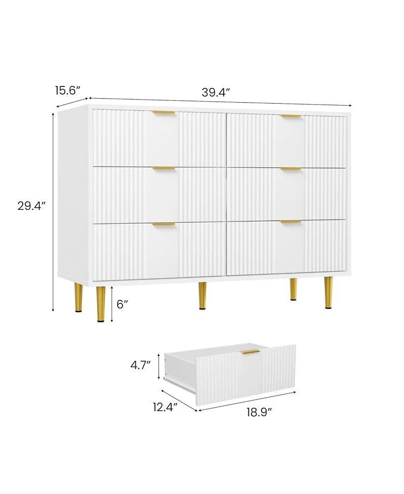 gaomon 39.4" Fluted Dresser for Bedroom with 6 Drawers, Modern Chest, Metal Handle, Closet Storage