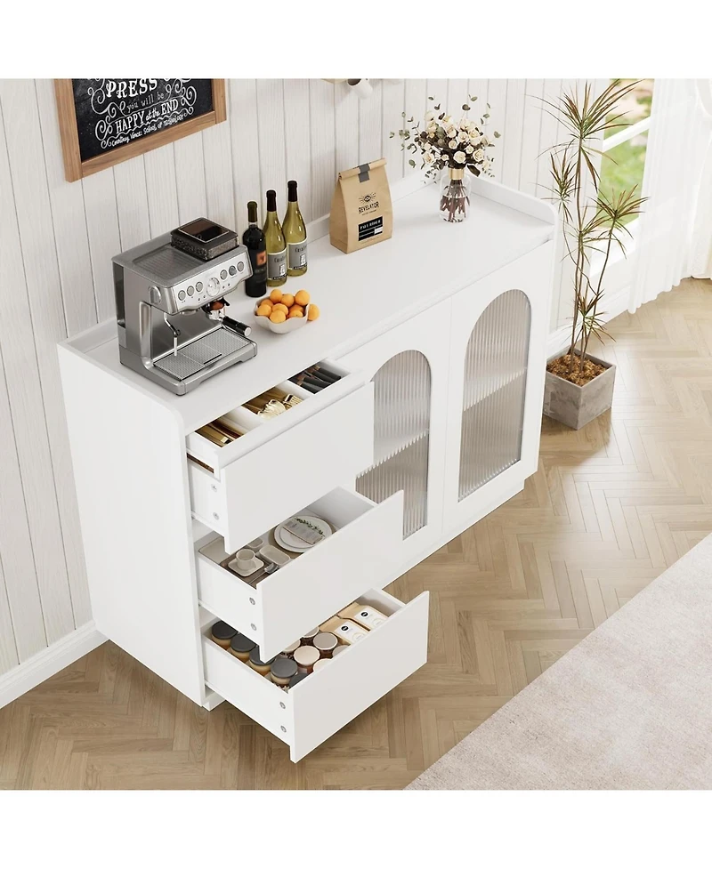 gaomon 48 Inch Sideboard Buffet Cabinet with Glass Doors Three Drawers Adjustable Shelves and Led Lights for Kitchen Dining and Living Room