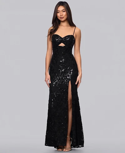 Blondie Nites Juniors' Sequined Lace Cutout-Front Lace-Up-Back Gown