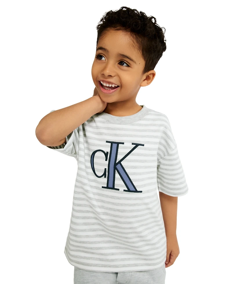 Calvin Klein Toddler and Little Boys' 2T-7 Relaxed Striped T-shirt French Terry Cargo Shorts, 2-Piece Set