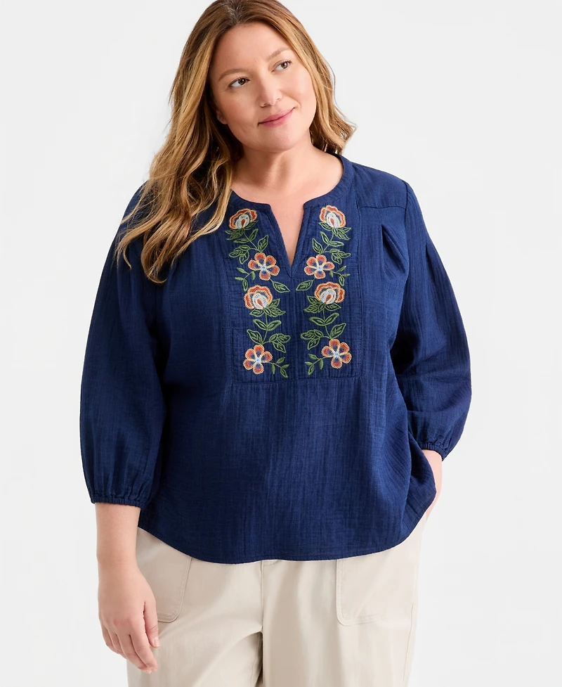 Style & Co Plus Cotton Embroidered-Trim V-Neck Top, Macy's Exclusive