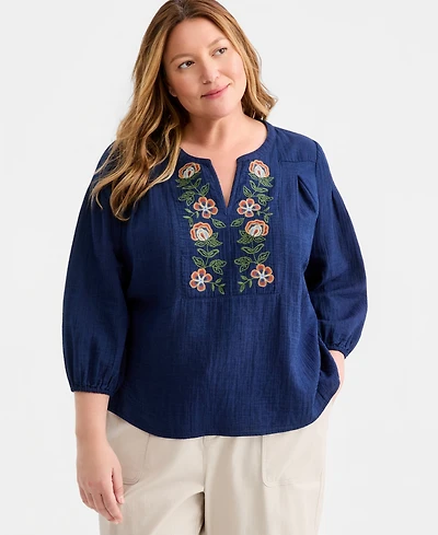 Style & Co Plus Cotton Embroidered-Trim V-Neck Top, Macy's Exclusive