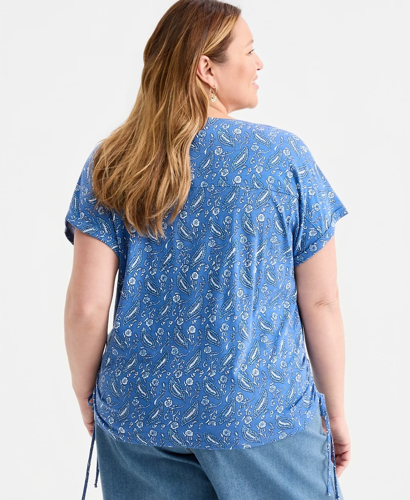 Style & Co Plus Printed Ruched-Tie V-Neck Top, Macy's Exclusive