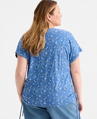 Style & Co Plus Printed Ruched-Tie V-Neck Top, Macy's Exclusive