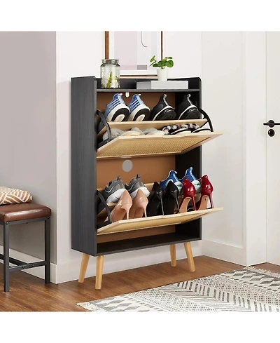 gaomon Slim Mdf Shoe Storage Cabinet with 2 Rattan Flip Drawers