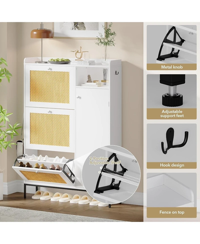 gaomon Narrow Rattan Shoe Cabinet with 3 Flip Drawers and Adjustable Shelves