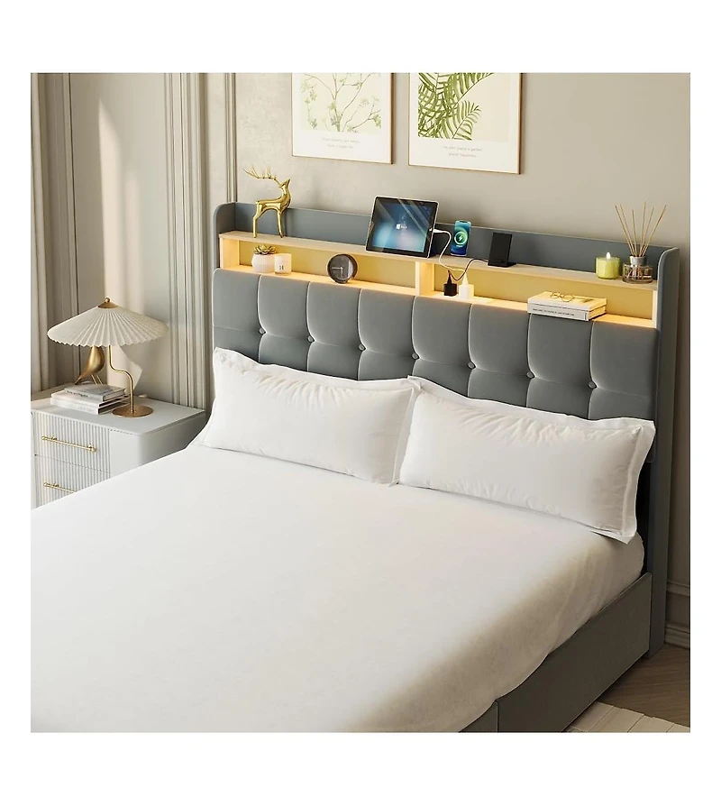 gaomon Full Bed Frame with Headboard & 2 Storage Drawers, Upholstered Platform Bed with Led Lights