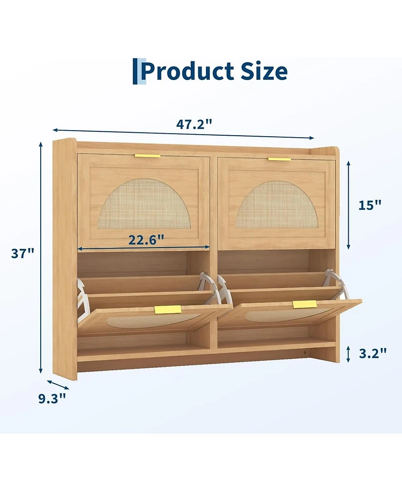 gaomon Rattan Shoe Storage Cabinet with 4 Flip Drawers, Free Standing Narrow Shoe Organizer Cabinet with Rattan Doors, Wooden Shoe Rack