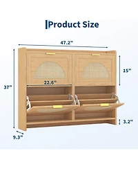 gaomon Rattan Shoe Storage Cabinet with 4 Flip Drawers, Free Standing Narrow Shoe Organizer Cabinet with Rattan Doors, Wooden Shoe Rack