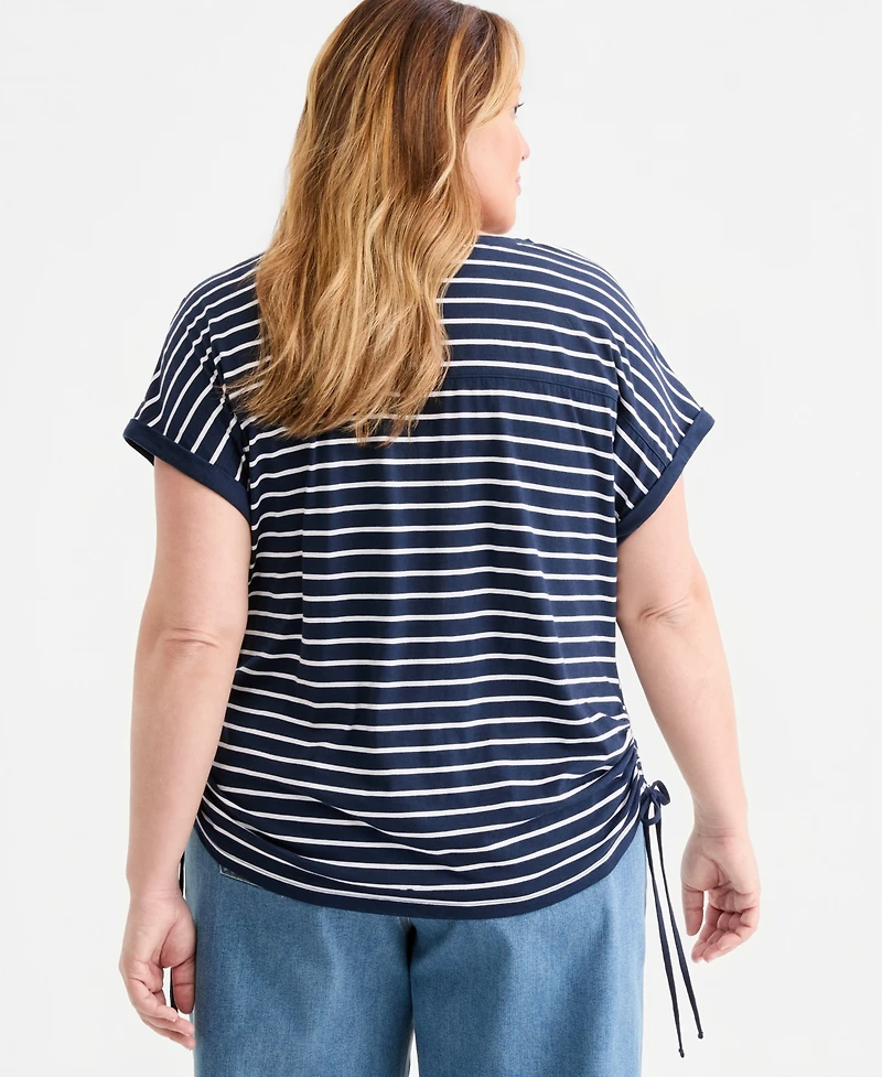 Style & Co Plus Striped Ruched-Tie V-Neck Top, Macy's Exclusive