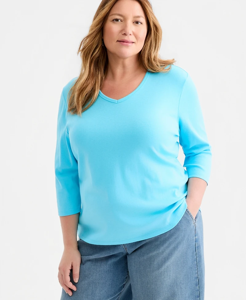 Style & Co Plus Cotton V-Neck 3/4-Sleeve Top, Exclusively at Macy's