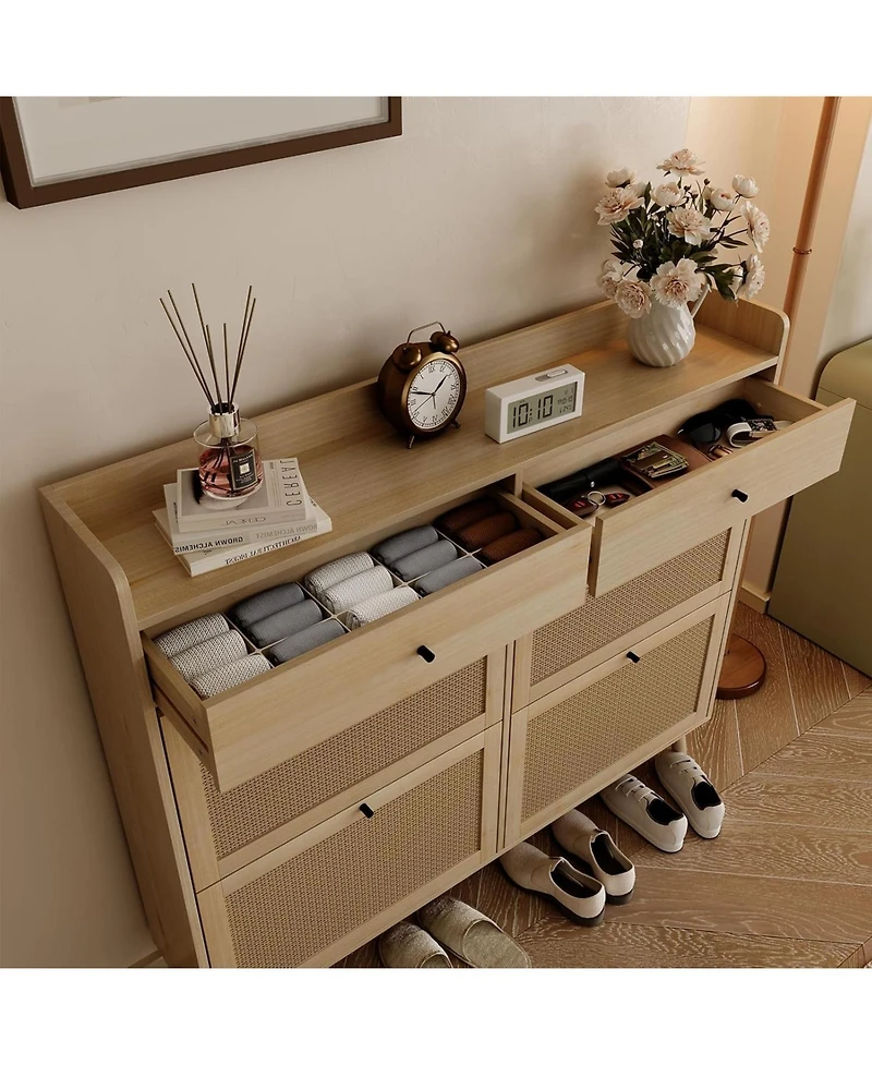 gaomon Rattan Shoe Cabinet Storage for Entryway, Shoe Organizer Cabinet with 4 Flip Drawers and 2 Slide Drawers, Hidden Shoe Storage Free Standing