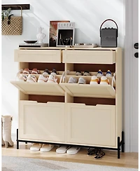 gaomon Freestanding Wooden Rattan Shoe Cabinet with 4 Flip Drawers and 2 Top Drawers