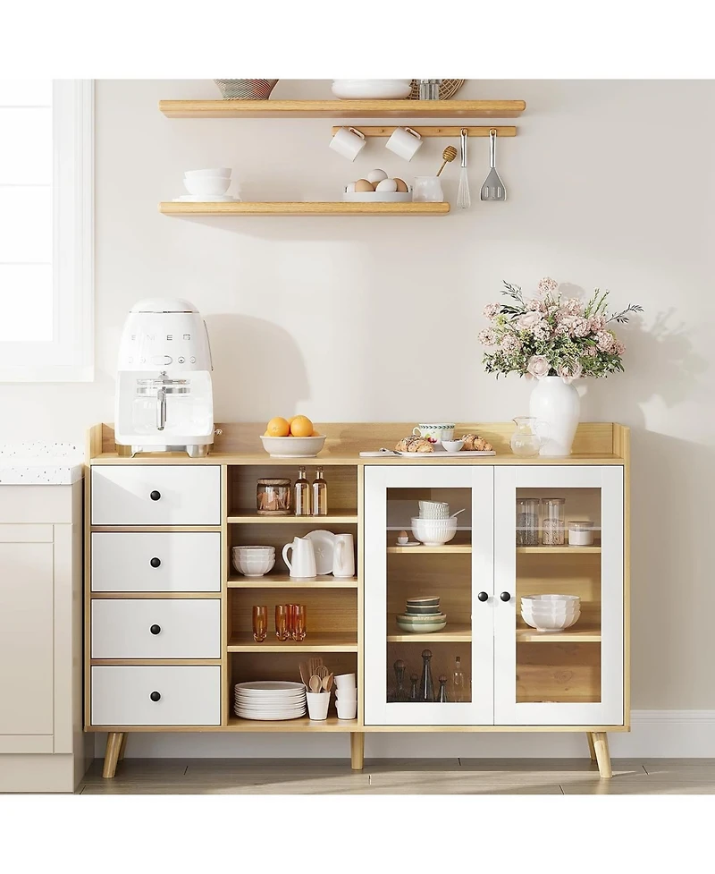 Farmhouse Sideboard Buffet Cabinet with Adjustable Shelves Glass Doors and Open Storage for Kitchen Dining and Entryway Wood